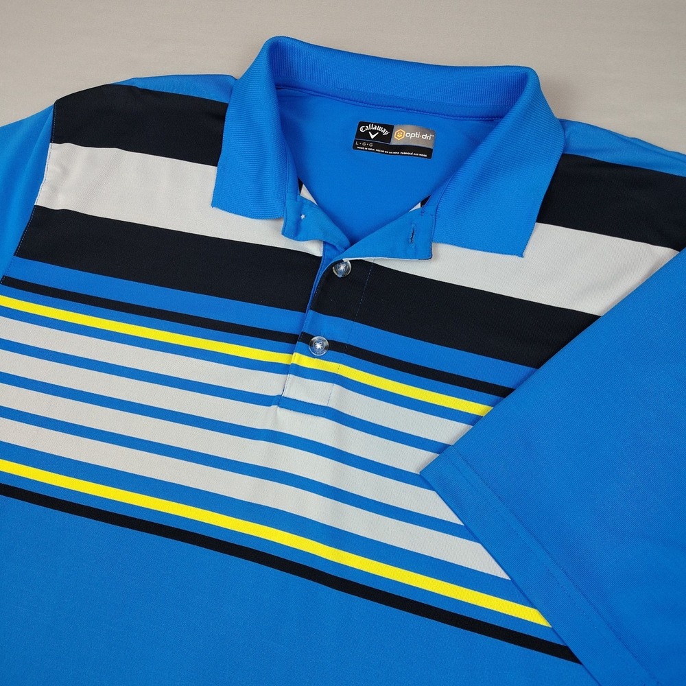 Callaway Polo Golf Shirt Mens Large Opti Dri Blue Black Yellow Stripe Short Slv